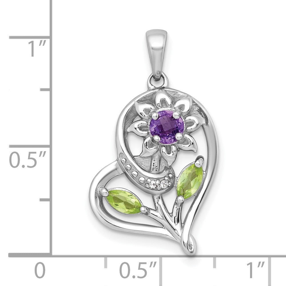 Sterling Silver Polished Amethyst, Peridot & White Topaz Flower in Heart Pendant