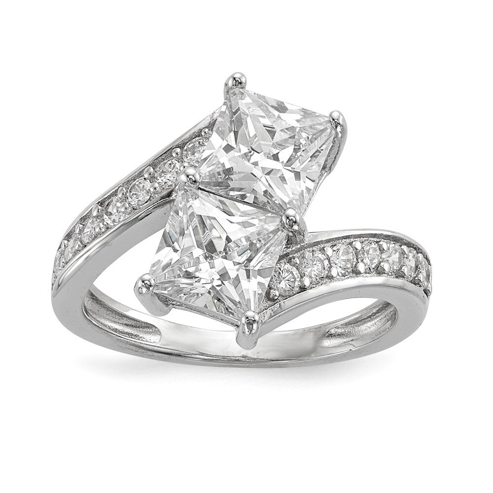 Sterling Silver Rhodium-plated Cubic Zirconia Two Stone Square Bypass Ring SZ 8