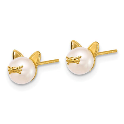 14k Yellow Gold Polished Freshwater Cultured Pearl Cat Stud Earrings