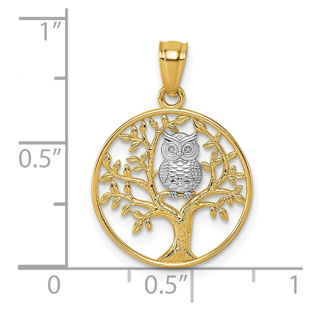 14k Yellow Gold and Rhodium Textured Owl Sitting In Tree In Circle Pendant