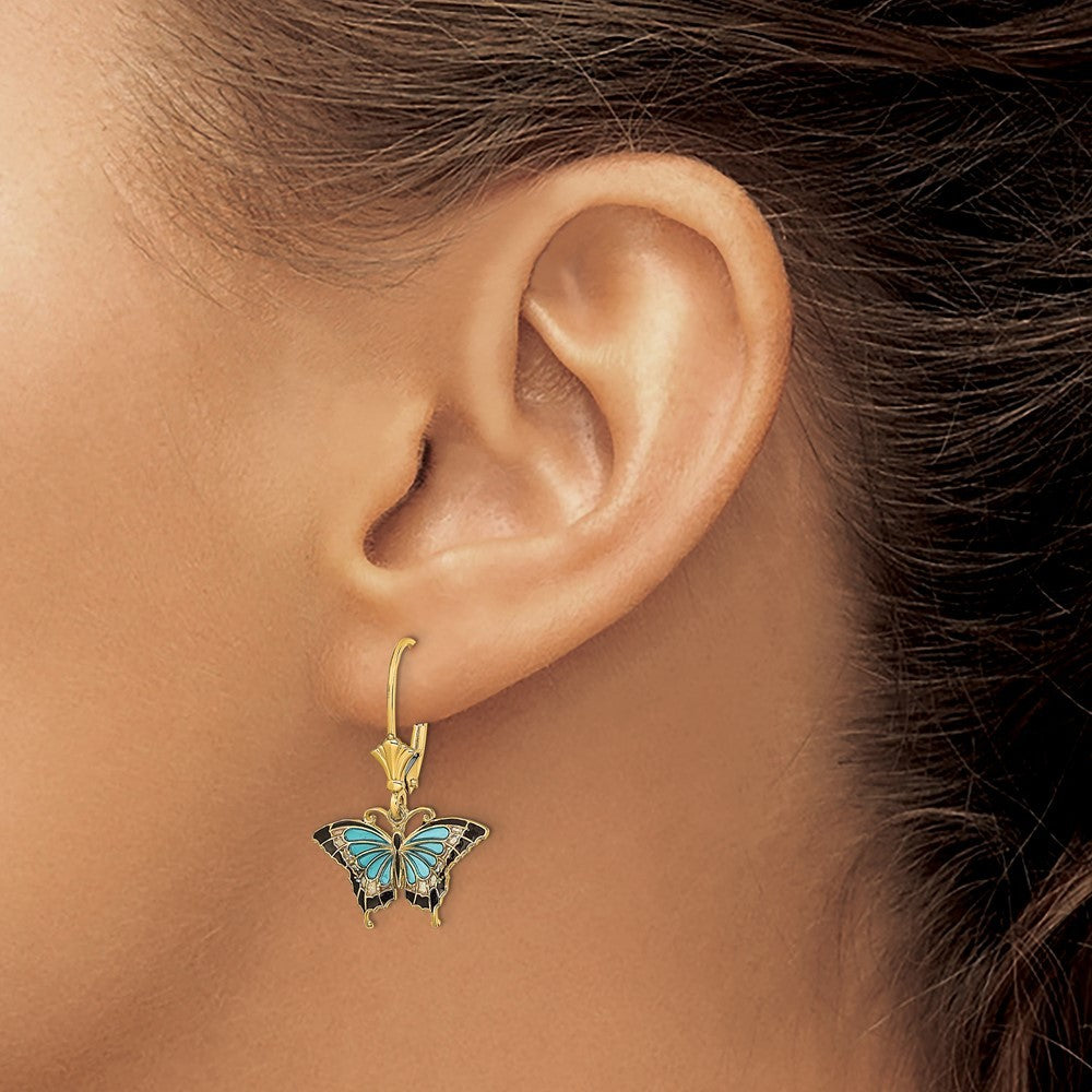 14k Yellow Gold w/Aqua Enameled Wings Butterfly Drop Dangle Earrings