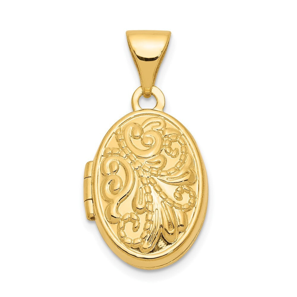 14k Yellow Gold Beaded Scroll Design Oval Locket Pendant for Women