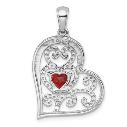 Sterling Silver Rhodium-plated Polished and Beaded Garnet Filigree Heart Pendant