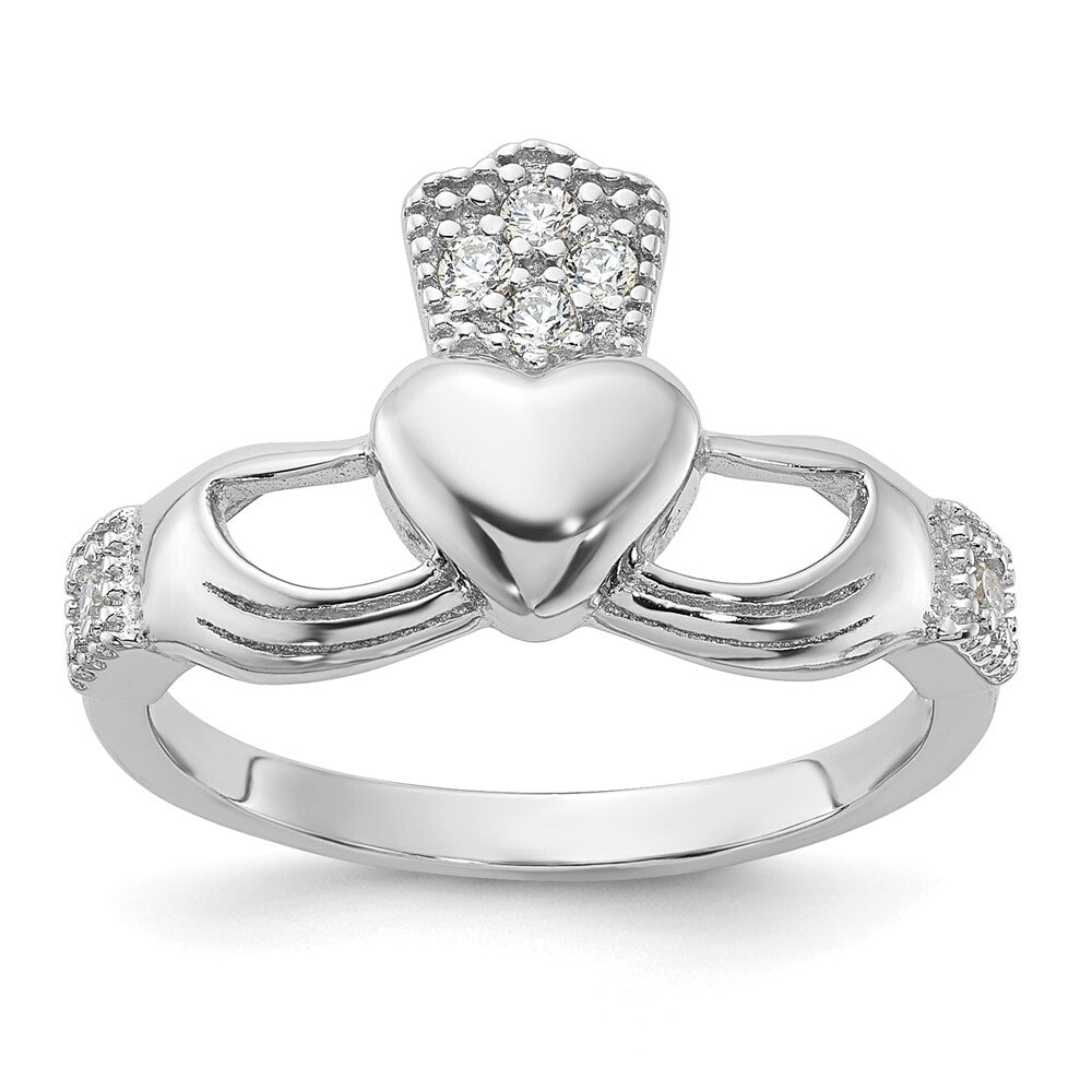 Sterling Silver Rhodium-plated CZ Claddagh Ring Size 8