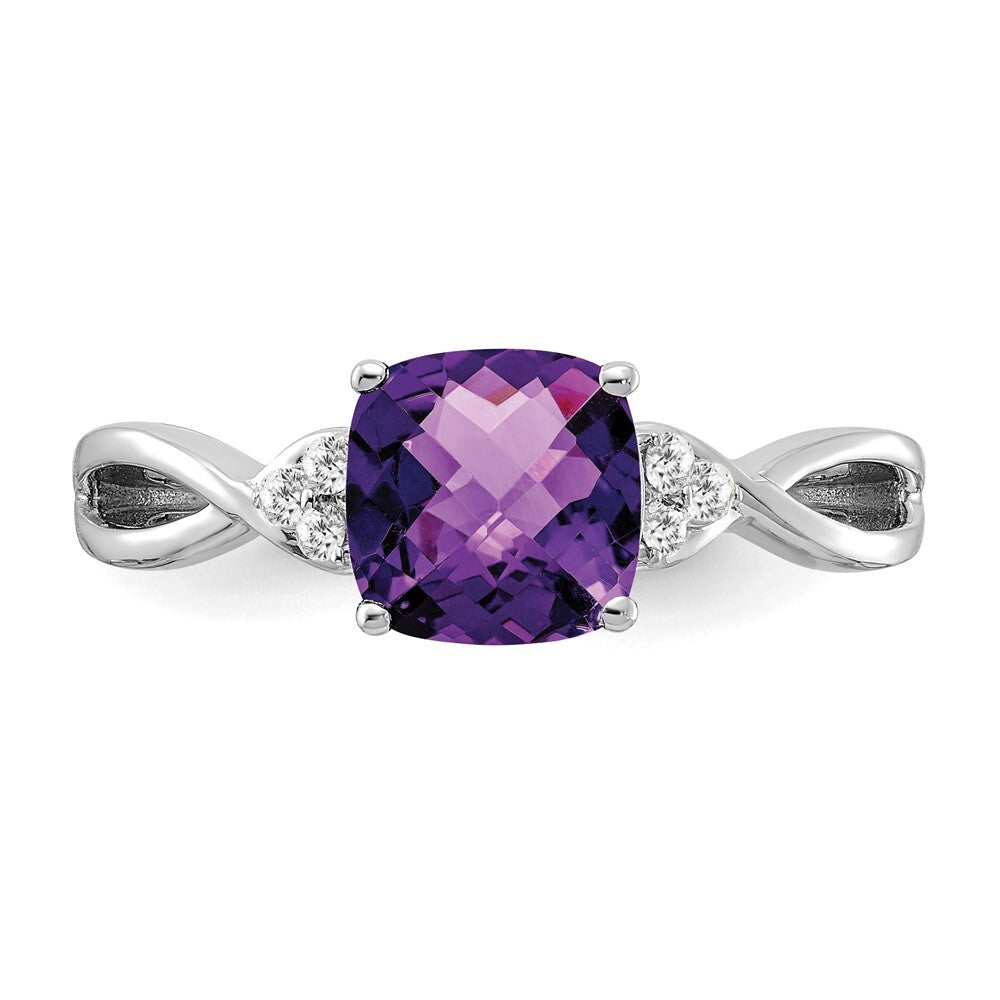 14K White Gold Checkerboard Amethyst and Diamond Ring Size 7