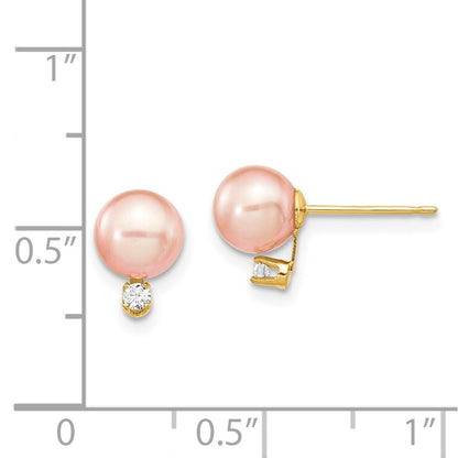 14k Yellow Gold 6-7mm Pink Cultured Pearl & .06 Carat Diamond Stud Earrings