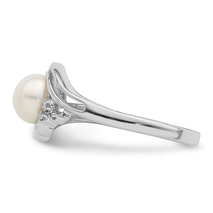 Sterling Silver Rhodium 6mm FW Cultured Button Pearl & Diamond Ring Size 8