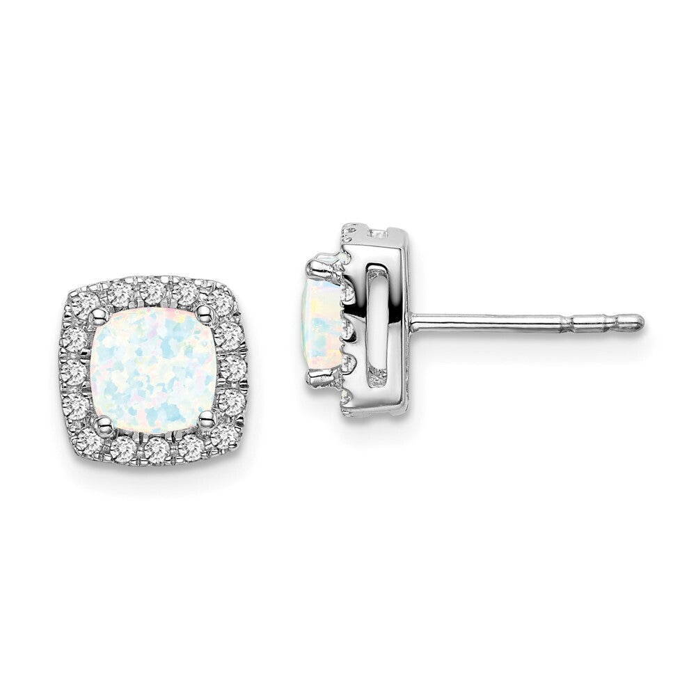 14k White Gold Cushion Created Opal and Diamond Halo Stud Earrings