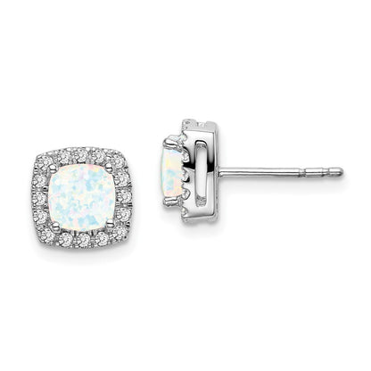 14k White Gold Cushion Created Opal and Diamond Halo Stud Earrings