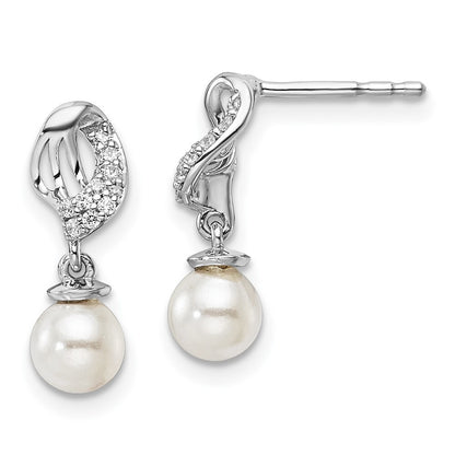 14K White Gold Polished Diamond and Pearl Dangle Earrings