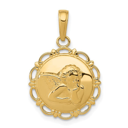 14k Yellow Gold Polished Angel On Round Scallop Frame Pendant for Women