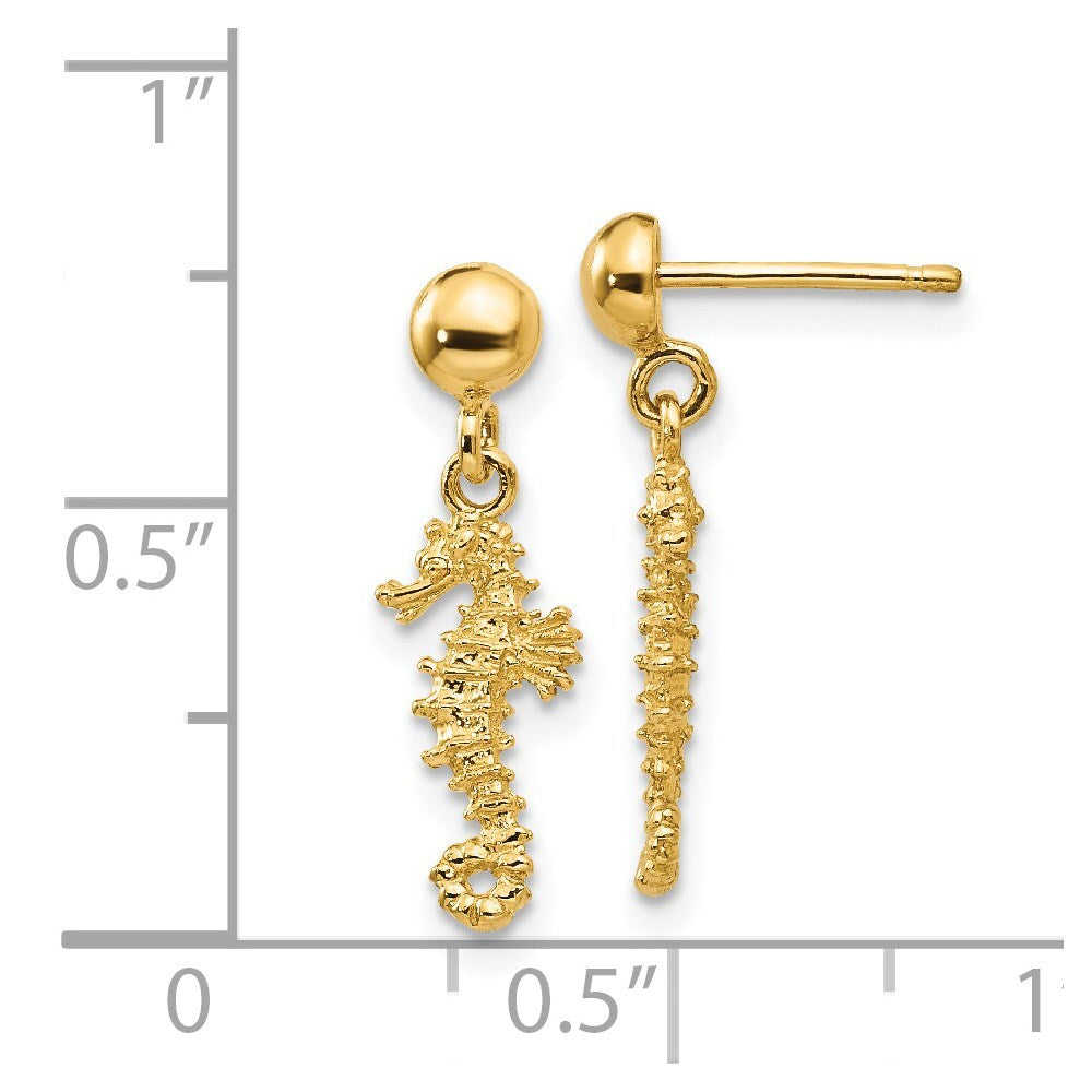 14k Yellow Gold 3-D Mini Seahorse Dangle Earrings Gift for Women
