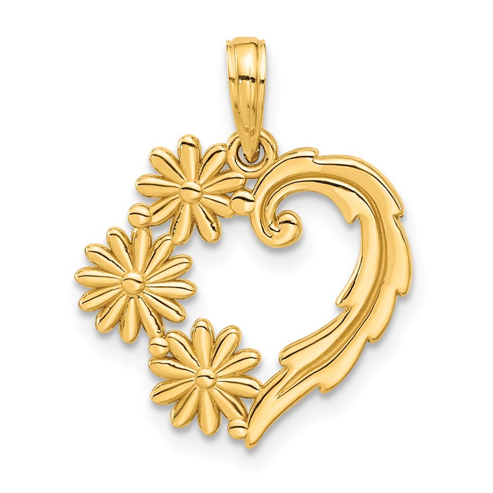 14k Yellow Gold Polished Floral Heart Pendant for Women