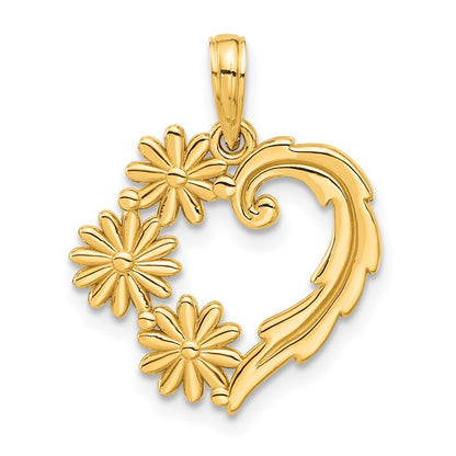 14k Yellow Gold Polished Floral Heart Pendant for Women