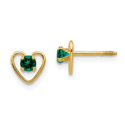 14k Yellow Gold 3mm Created Emerald Birthstone Heart Stud Earrings