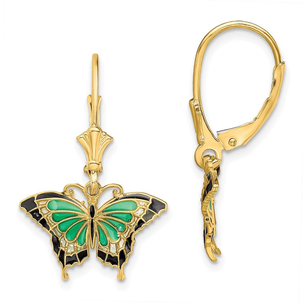 14k Yellow Gold Butterfly w/ Green Enameled Wings Drop Dangle Earrings