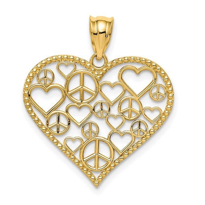 14k Yellow Gold Polished Hearts and Peace Signs in Heart Pendant for Women