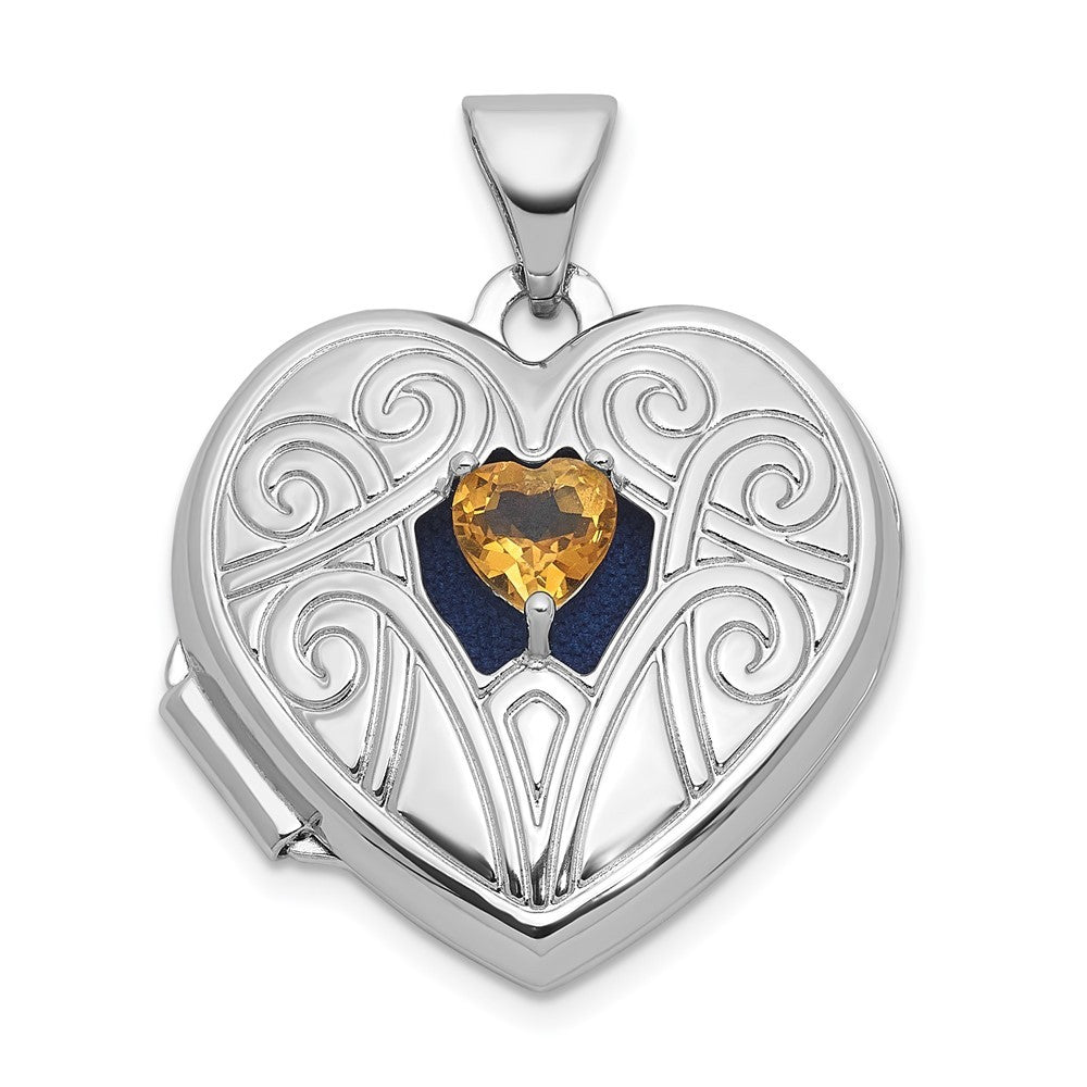 Sterling Silver Rhodium-plated Citrine November Birthstone Heart 18mm Locket