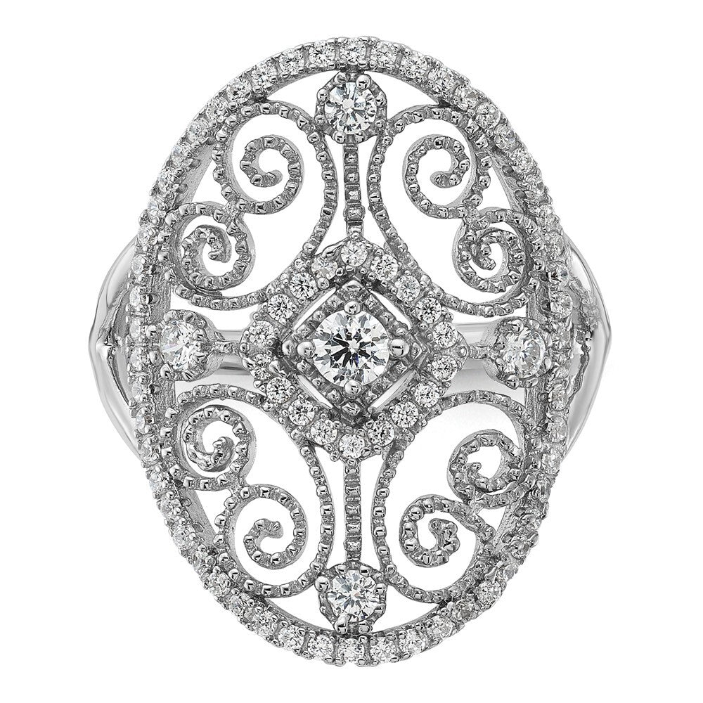 Sterling Silver Rhodium-plated Cubic Zirconia Filigree Oval Ring Size 8