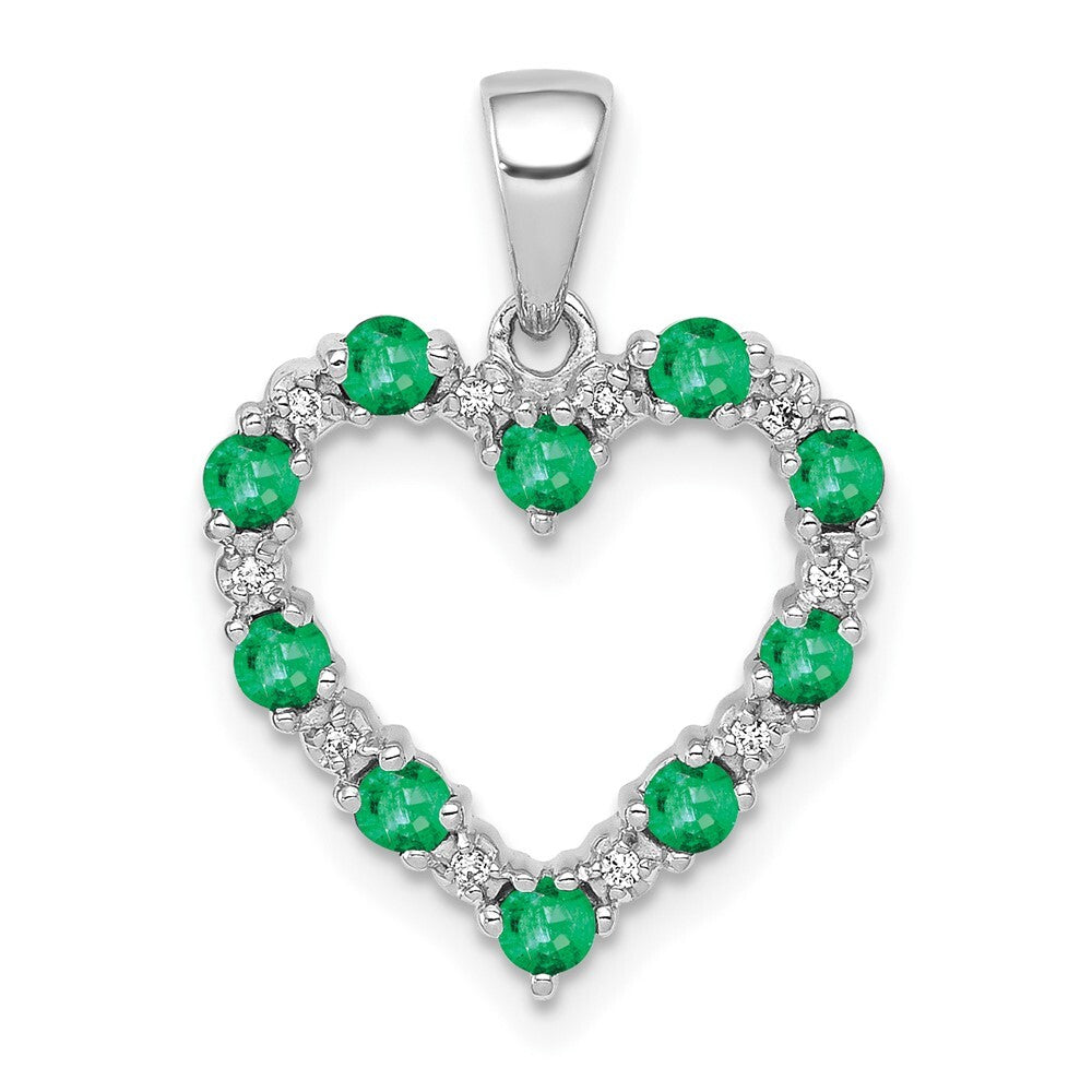 14k White Gold Diamond and Emerald Heart Pendant for Women