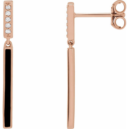 14k Rose Gold .06 CTW Natural Diamond and Black Enamel Bar Stud Earrings