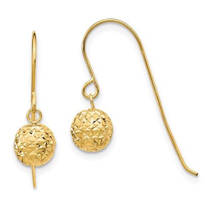 14k Yellow Gold 6mm Diamond Cut Bead Dangle Earrings Gift for Women