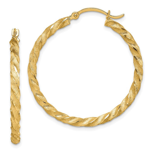 14k Yellow Gold Twisted Satin Diamond-Cut Hoop Earrings