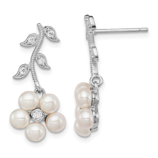 Sterling Silver Rhodium-plated White FWC Pearl CZ Flower Earrings