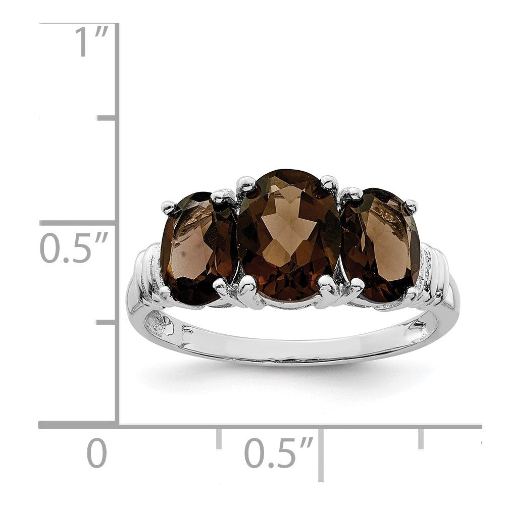 Sterling Silver Rhodium 3 Stone Smoky Quartz & Diamond Ring Size 6
