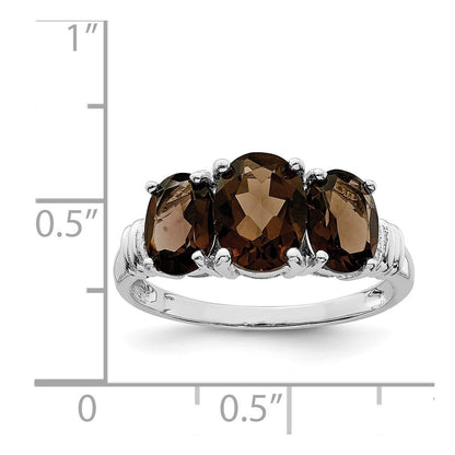 Sterling Silver Rhodium 3 Stone Smoky Quartz & Diamond Ring Size 6