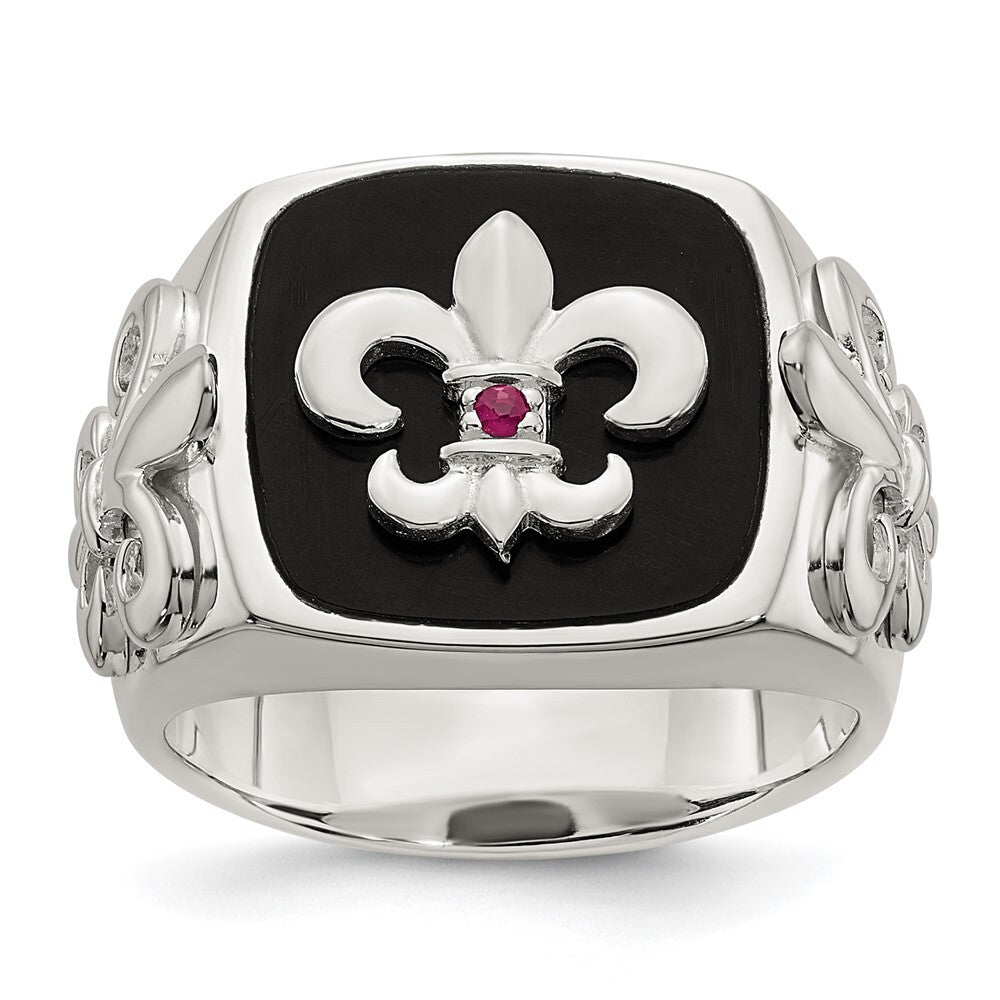 Sterling Silver .03Ruby/Black Agate Fleur de Lis Ring Size 10