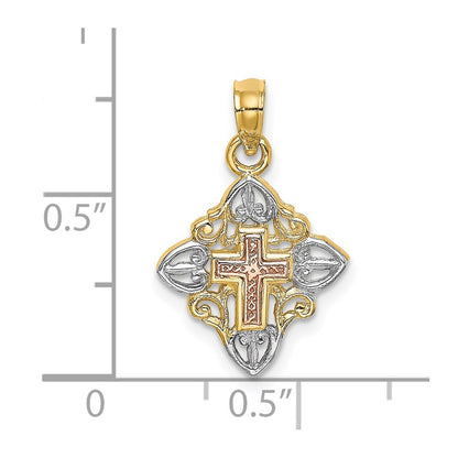 14k Two-tone Gold White Rhodium Cross Inside Frame Charm Pendant