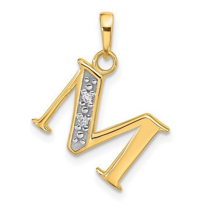 14k Yellow Gold with Rhodium Diamond Letter M Initial Pendant for Women