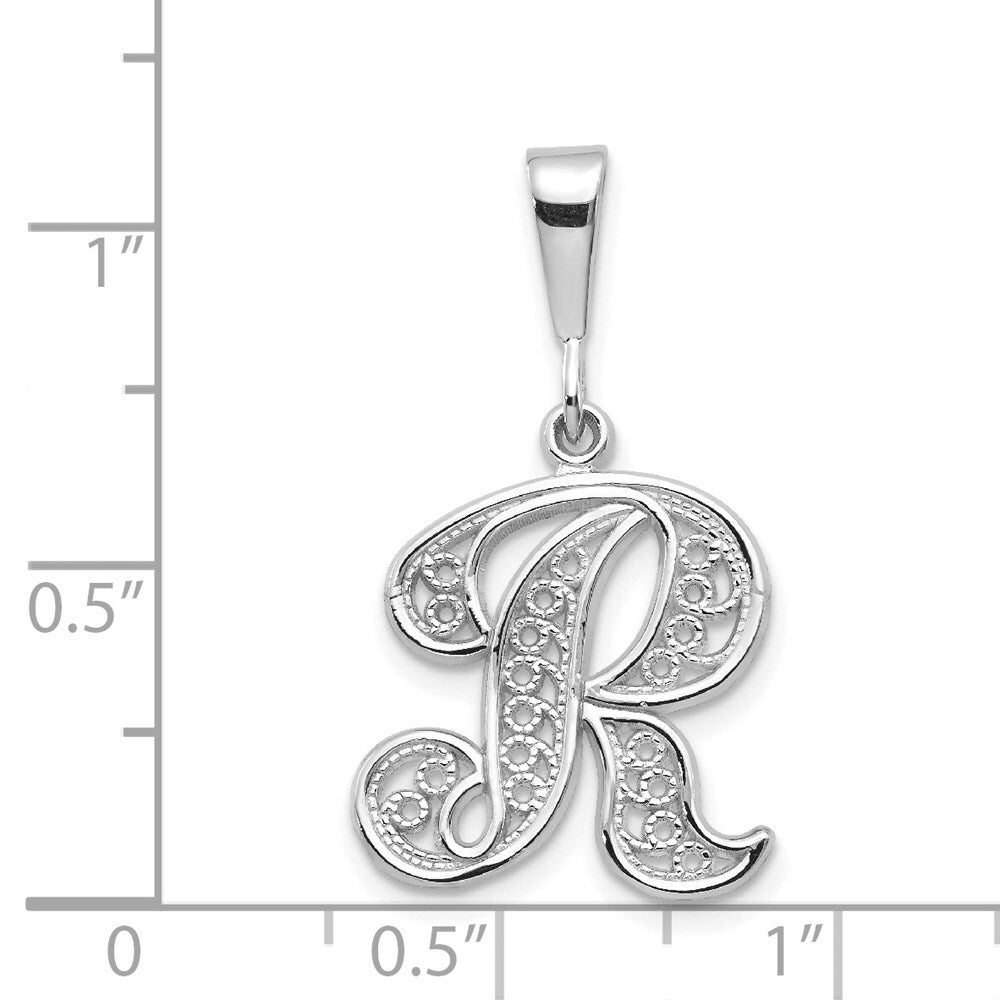 14k White Gold Solid Polished Script Filigree Letter R Initial Pendant for Women