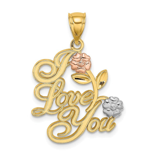 14k Two-tone Gold White Rhodium I LOVE YOU Flowers Charm Pendant
