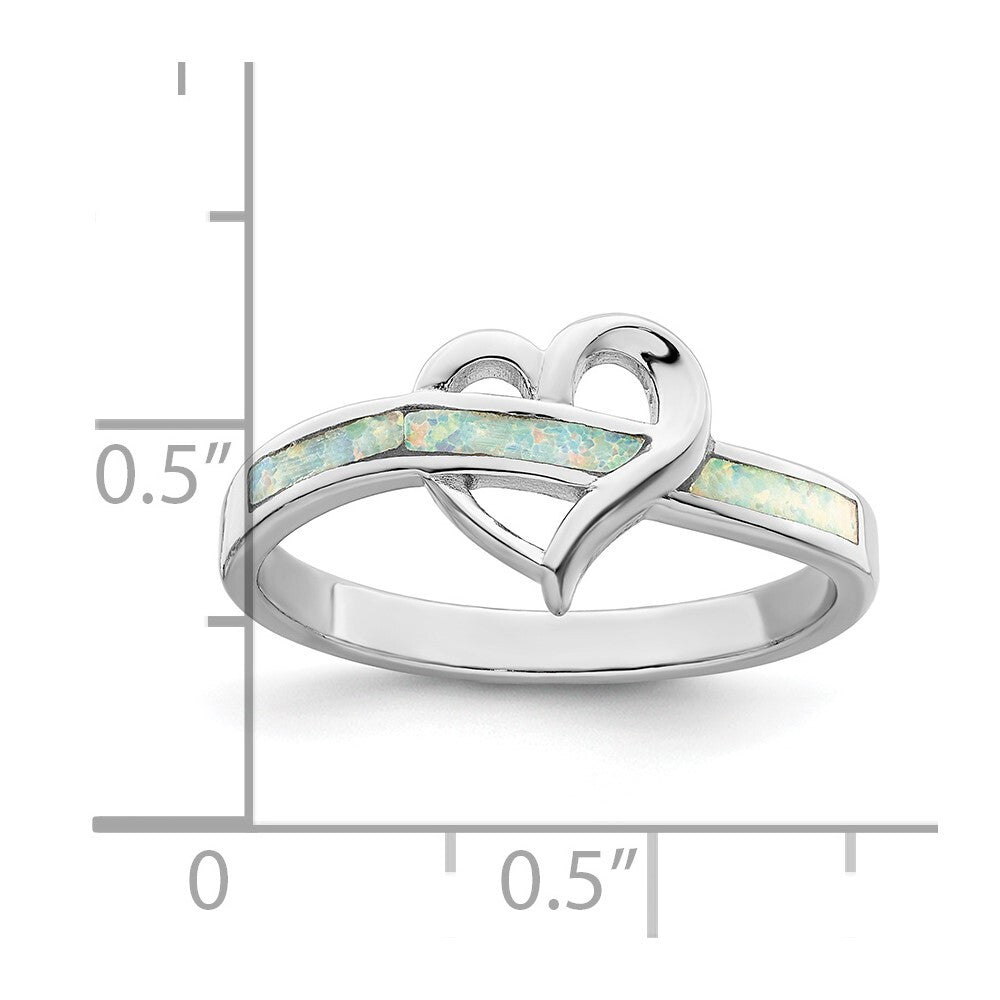 Sterling Silver Rhodium-plated White Created Opal Inlay Heart Ring Size 7