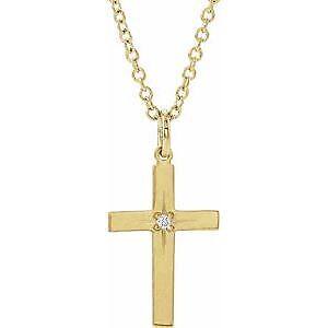 14k Yellow Gold .0075 CT Natural Diamond Cross Pendant Necklace 18"