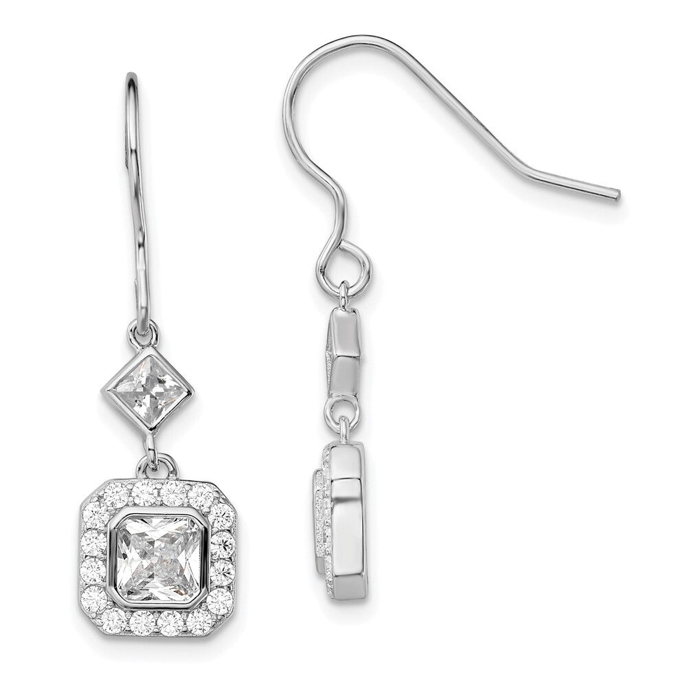 Sterling Silver Polished Square Cubic Zirconia Halo Dangle Earrings