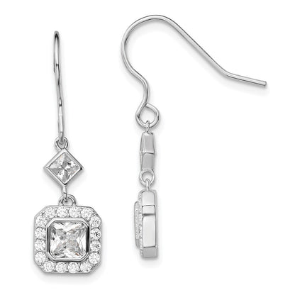 Sterling Silver Polished Square Cubic Zirconia Halo Dangle Earrings