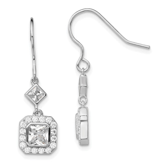 Sterling Silver Polished Square Cubic Zirconia Halo Dangle Earrings