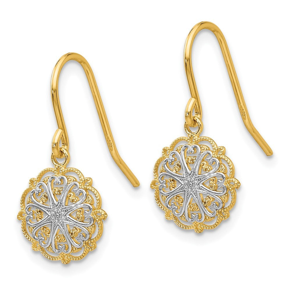 14k Yellow Gold & Rhodium Polished and Textured Dangle Earrings