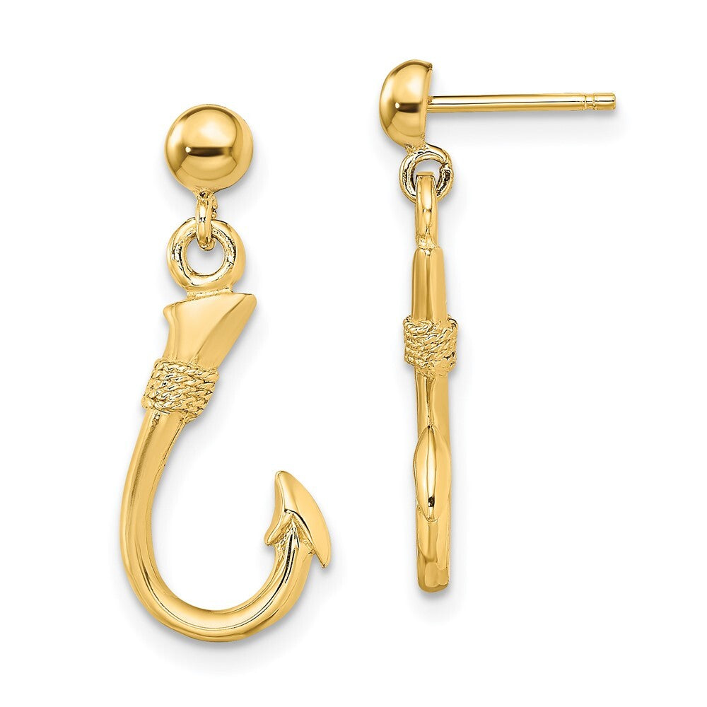 14k Yellow Gold 3-D Fish Hook Dangle Earrings Gift for Women