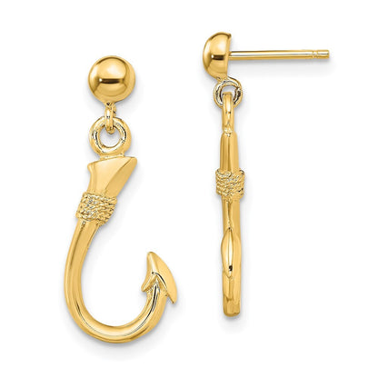 14k Yellow Gold 3-D Fish Hook Dangle Earrings Gift for Women