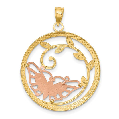 14k Two-tone Gold White Rhodium Butterfly in Circle Pendant for Women