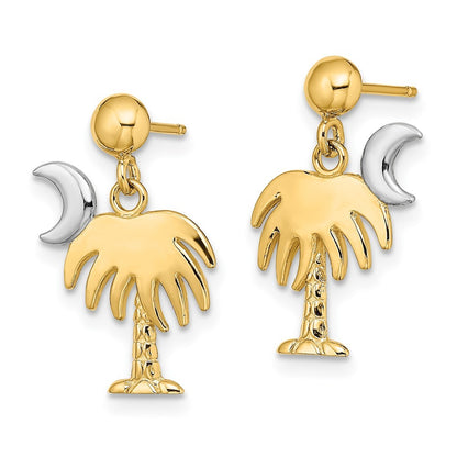 14k Yellow Gold W/ Rhodium Charleston Palm Tree w/ Moon Dangle Earrings