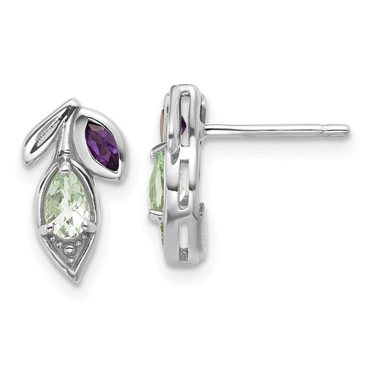 Sterling Silver Rhodium-plated Polished Amethyst and Green Quartz Leaf Earrings