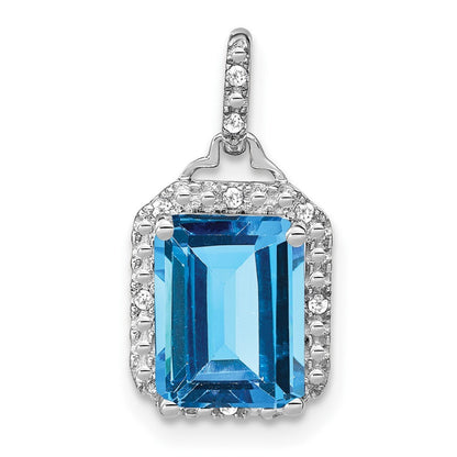 14k White Gold Emerald-cut Blue Topaz and Diamond Halo Pendant for Women