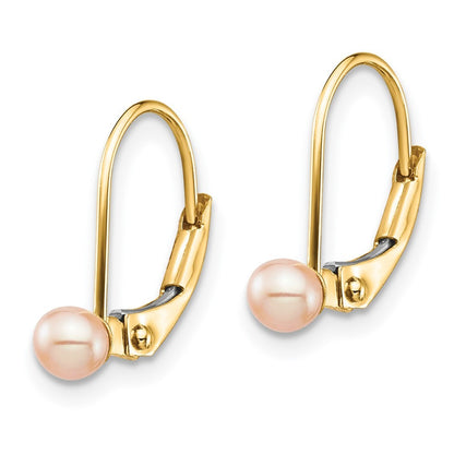 14k Yellow Gold 3-4mm Pink Round Freshwater Cultured Pearl Leverback Earrings