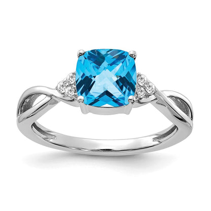 14K White Gold Checkerboard Blue Topaz and Diamond Ring Size 6