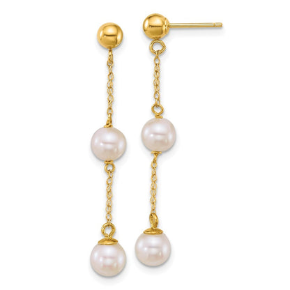 14k Yellow Gold 5-6mm Round White Cultured 2-Pearl &Chain Dangle Post Earrings